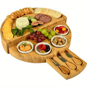 Bamboo Cheese Board Set with Slide-Out Drawer and Foldable Storage for Entertaining