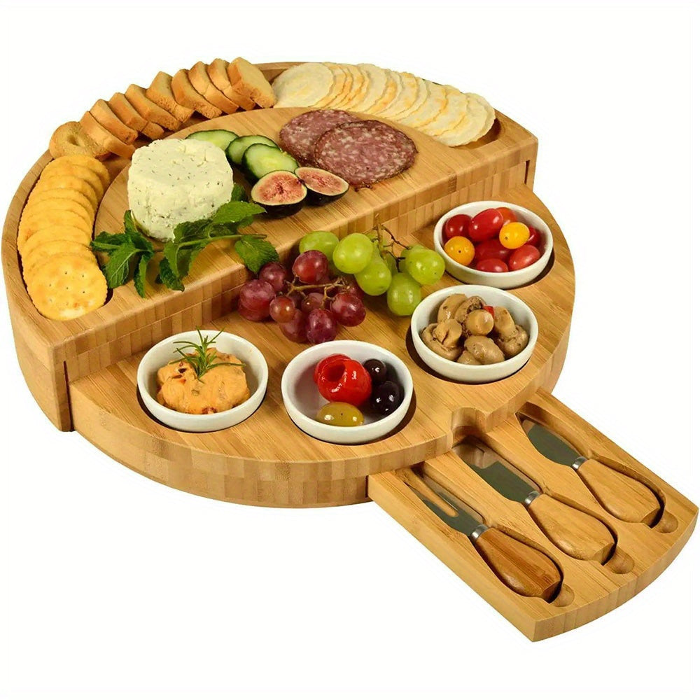 Bamboo Cheese Board Set with Slide-Out Drawer and Foldable Storage for Entertaining