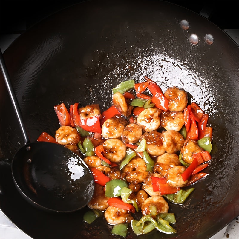 Ko'p funksiyali Golland qozon - Xitoy qovurish uchun qo'l bilan tayyorlangan an'anaviy dumaloq pastki qozon, yog'och qopqoq bilan qalinlashtirilgan temir qozon, qoplamasiz va yopishmaydigan.