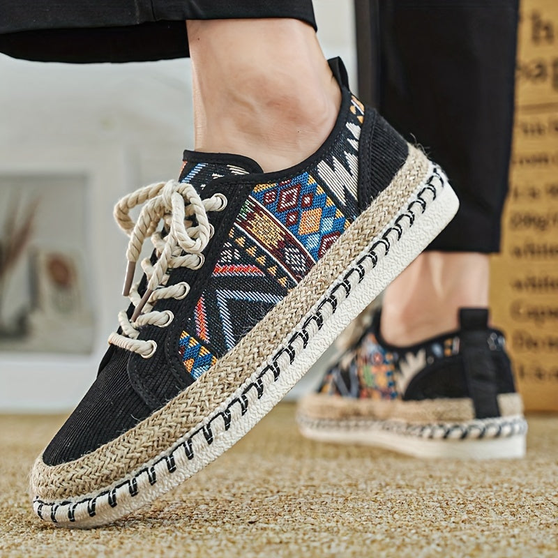 Women's Striped Fabric Lace-Up Espadrille Sneakers with Non-Slip Sole