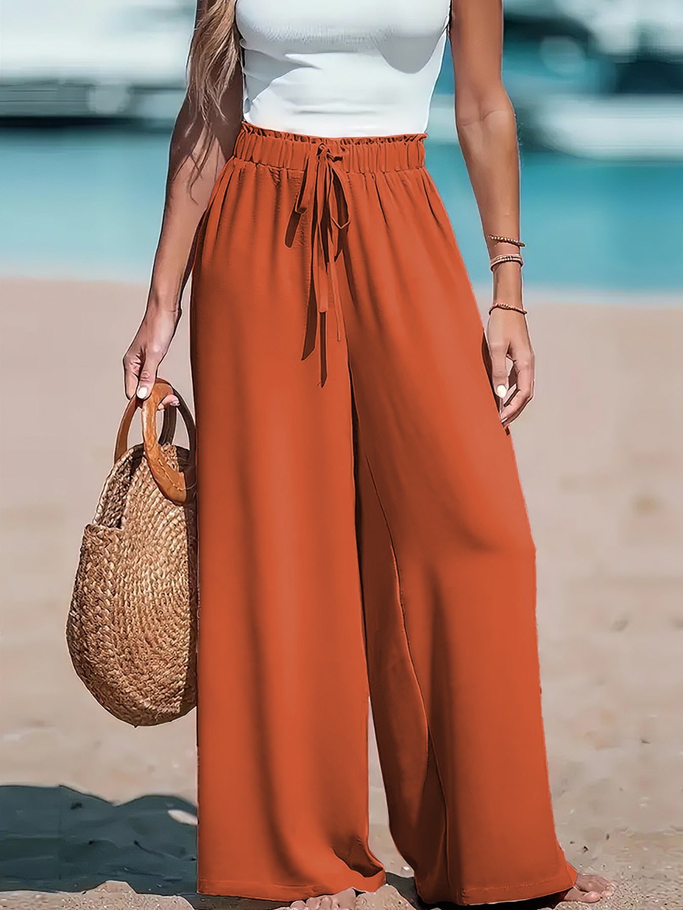 Women's Plus Size Wide Leg Pants Faux Drawstring Solid Orange High Waist
