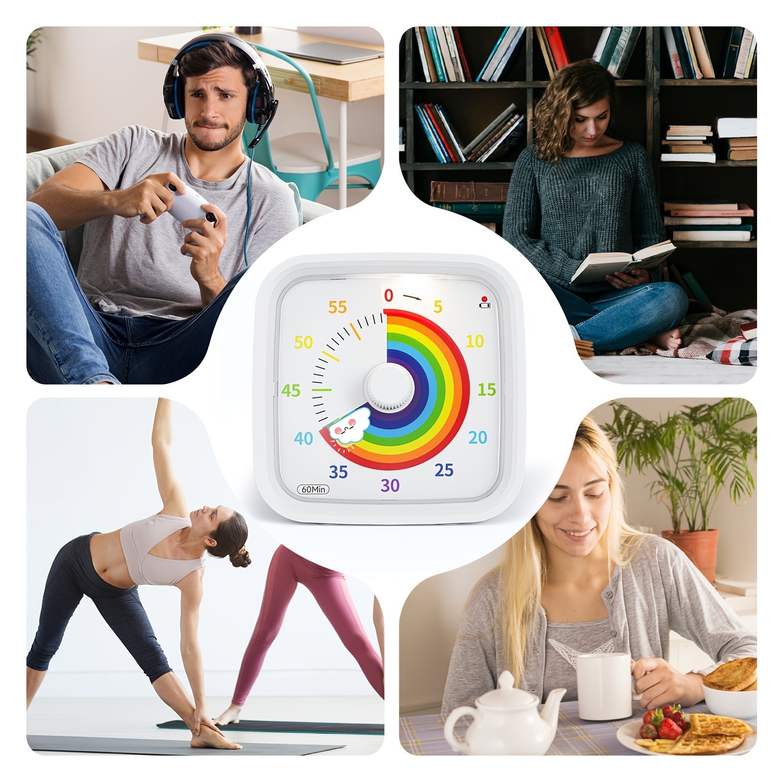 Quiet 60-Minute Visual Timer Rainbow White with Protective Case for Study Kitchen Office