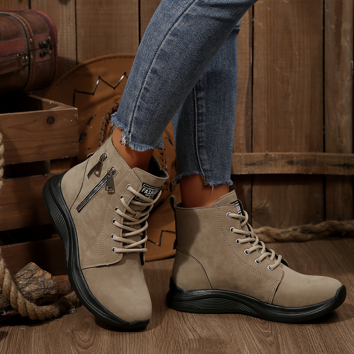 Women's Ankle Boots Solid Color Casual Lace-Up Round Toe Flat Heel