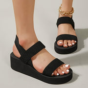 Women Black Wedge Sandals Open Toe Summer Casual Strappy
