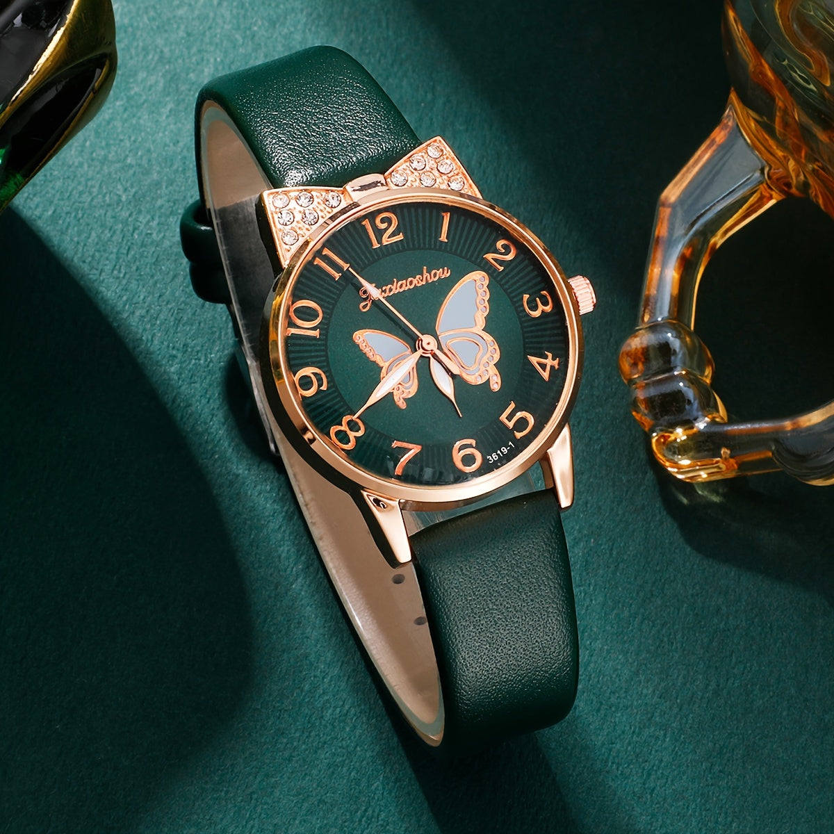 Women's Watch and Bracelet Set with Crystal Detailing and Faux Leather Strap