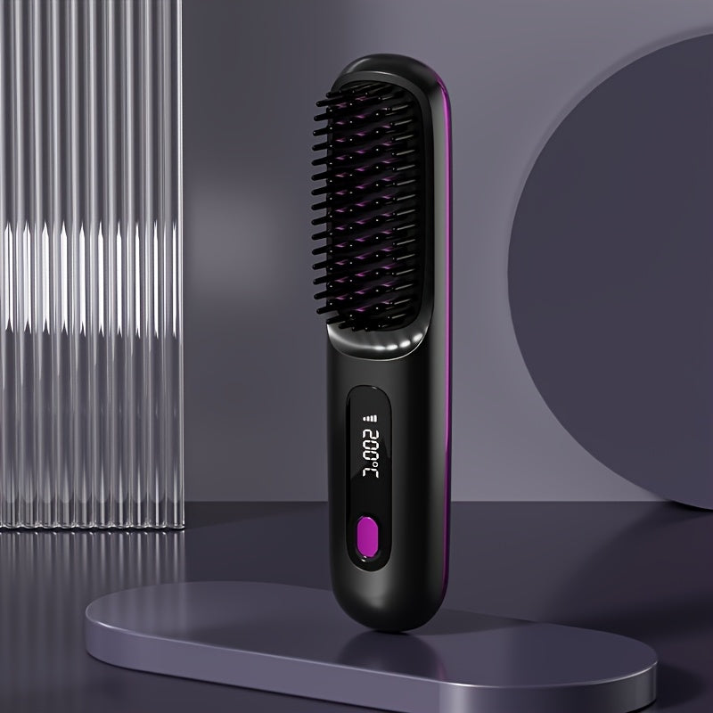 Portable straight hair brush with 3 temperature settings LED display USB charging 2000mAh lithium battery