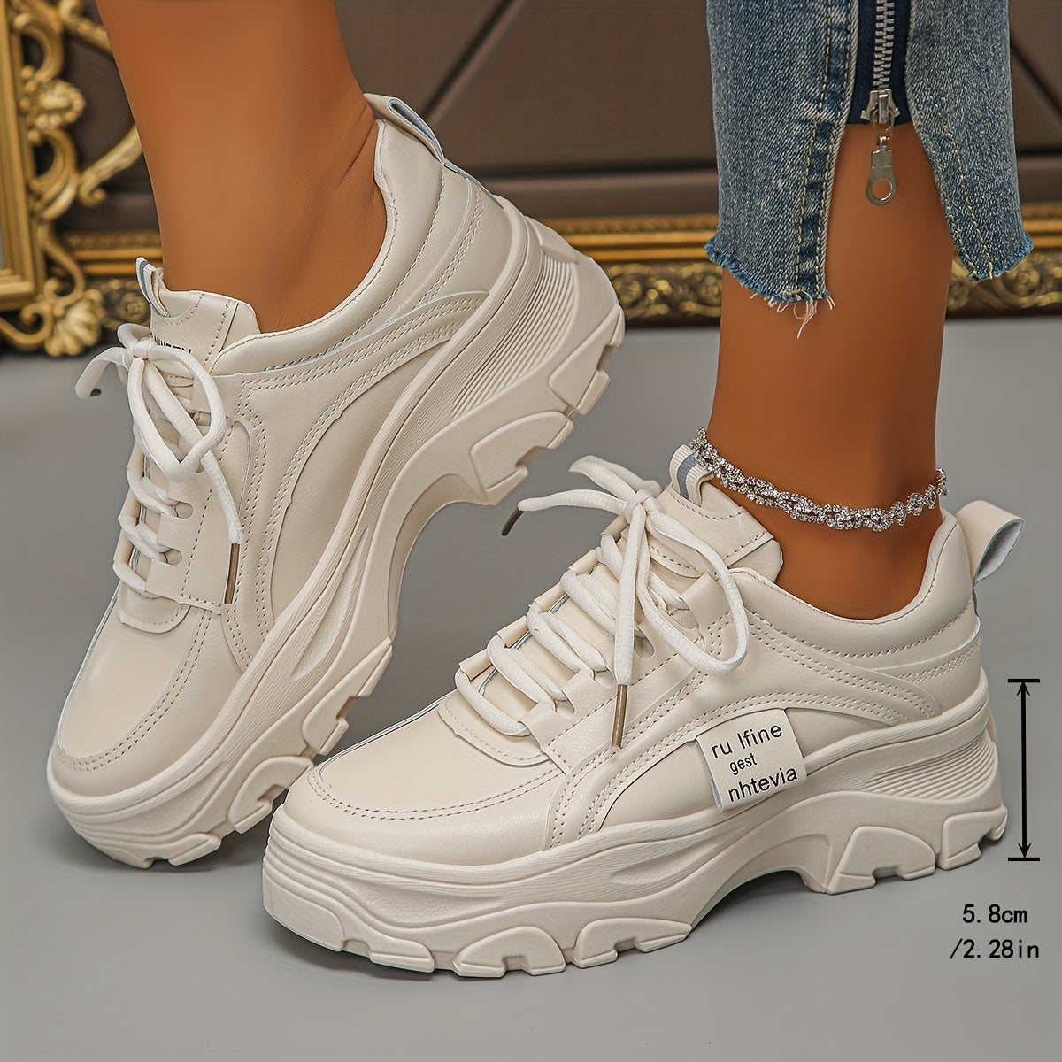 Women's White Casual Sneakers With Thick Sole and Rubber Outsole
