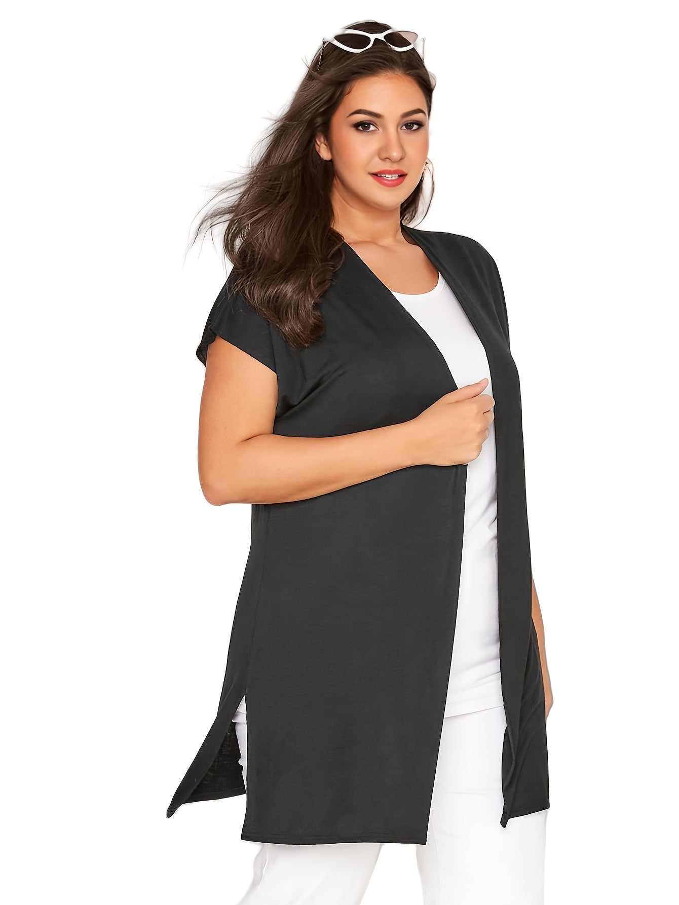 Plus Size Women's Loose Casual Cardigan with Side Splits and Grown-On Sleeve