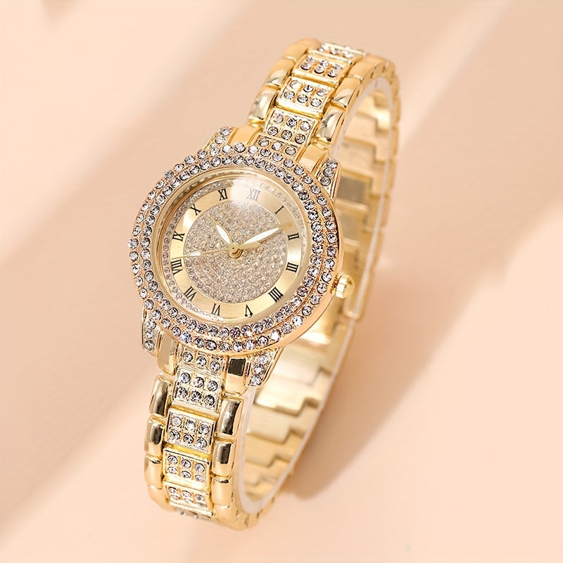 Women's Luxury Rhinestone Quartz Watch Set with Bracelet, Analog Roman Dial