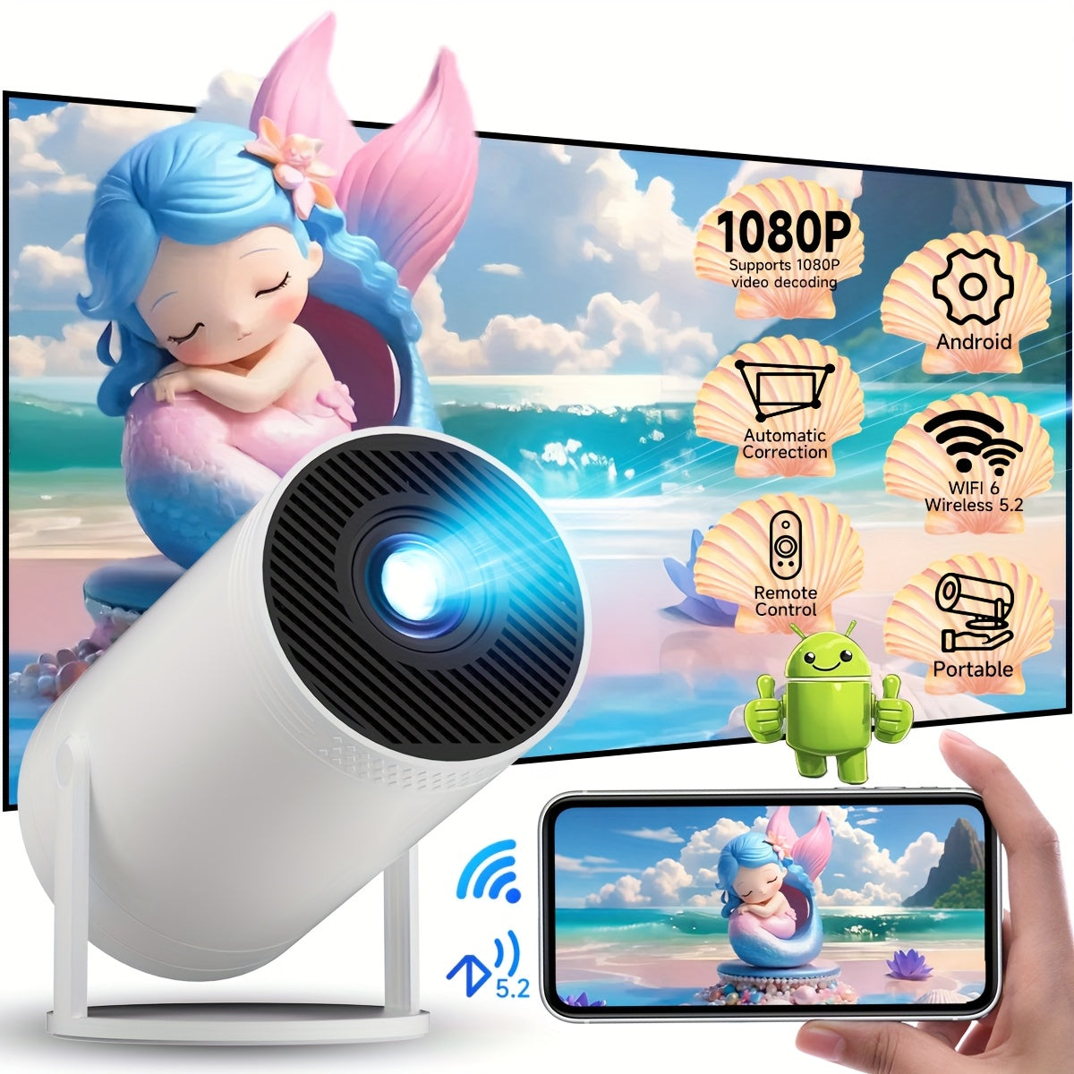 Mini Video Projector with Android TV, 1080P Support, WiFi6, Auto Focus