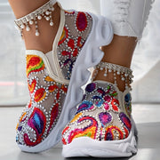 Women's Embroidered Fabric Slip-On Sneakers with Rubber Sole