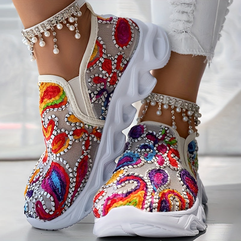 Women's Embroidered Fabric Slip-On Sneakers with Rubber Sole
