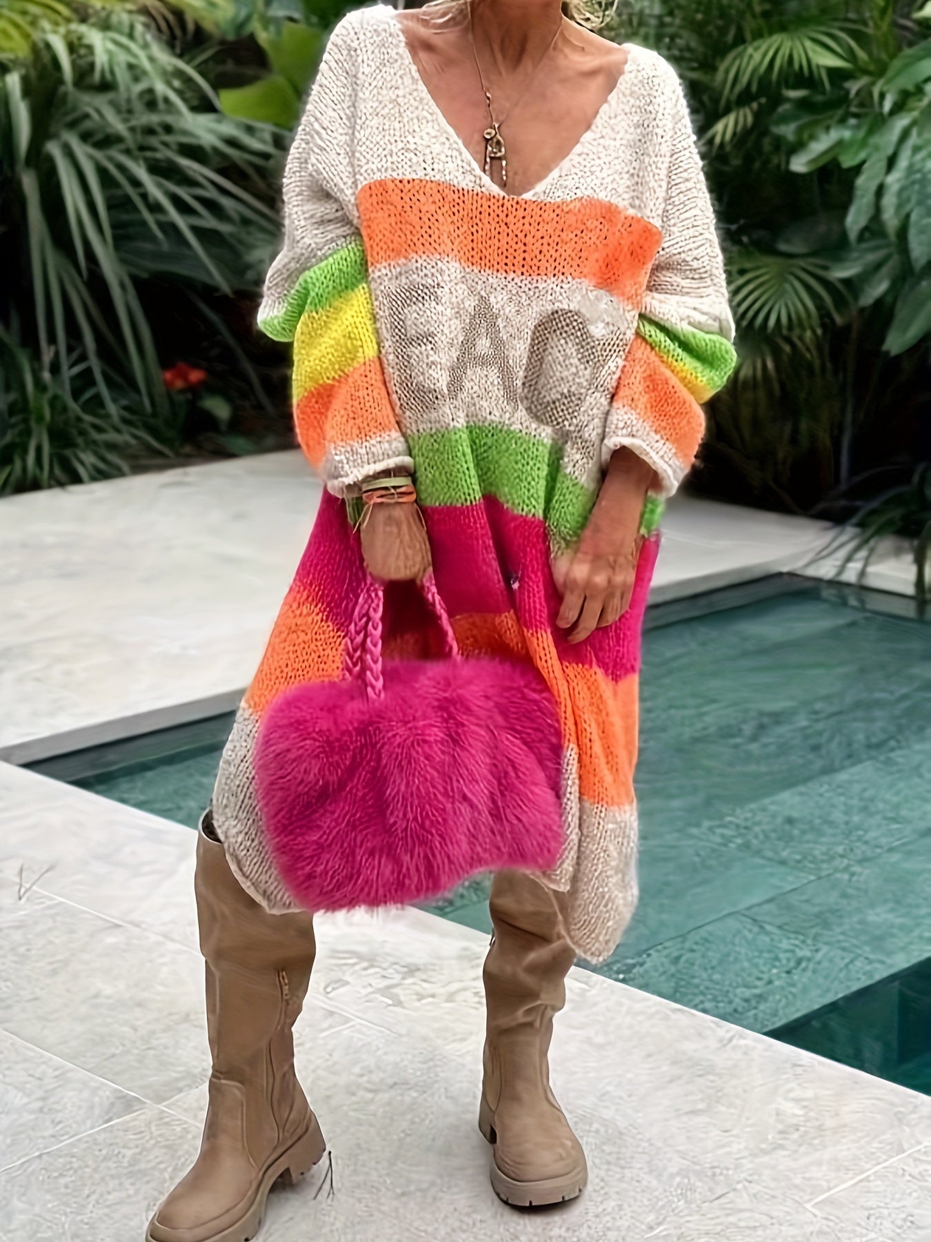 Vestido de punto con escote en V para mujer talla grande con rayas coloridas, casual, oversize, para otoño e invierno