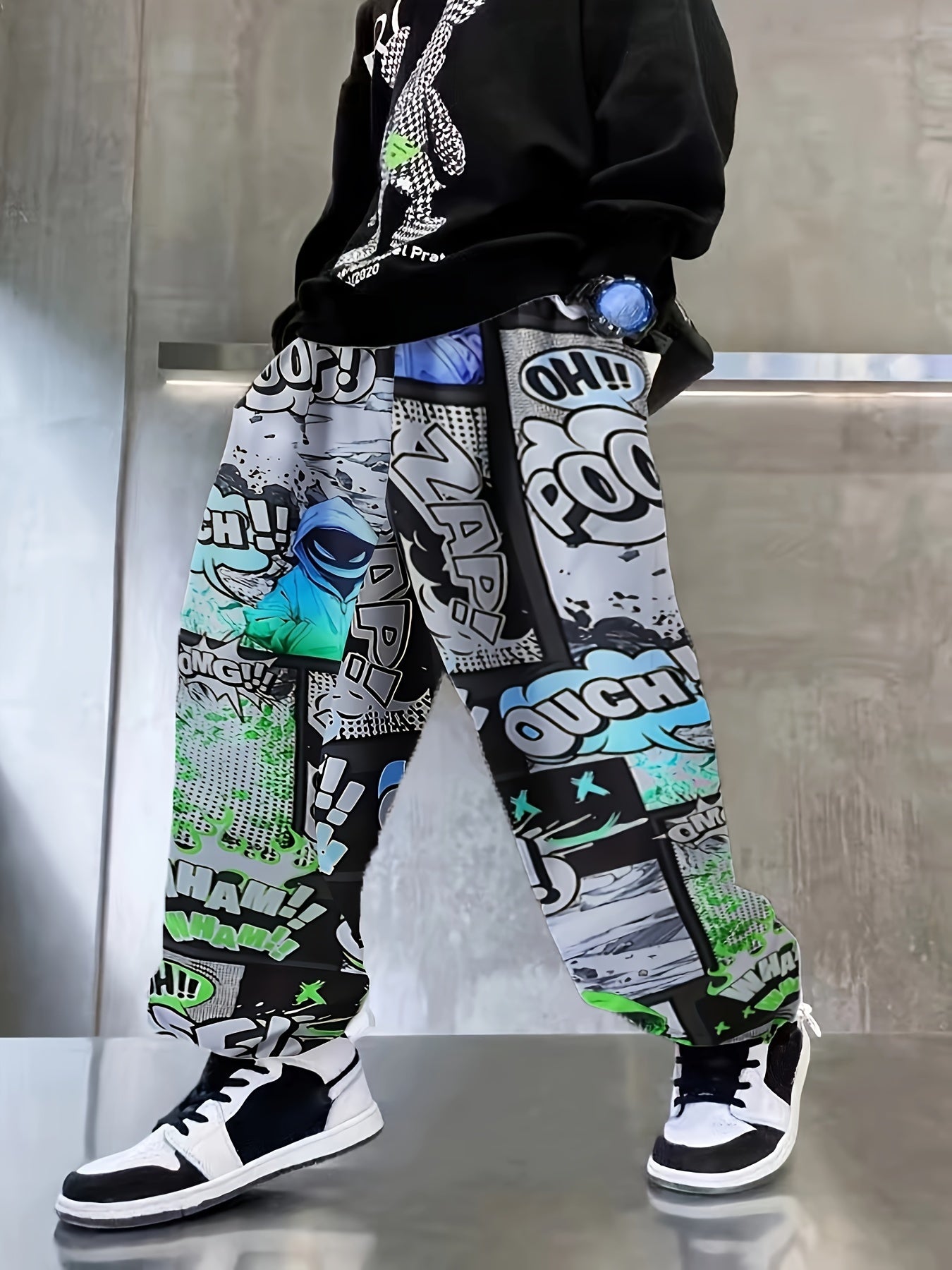 Boys Joggers with Graffiti Ink Splash Print Elastic Waist Casual Sportswear