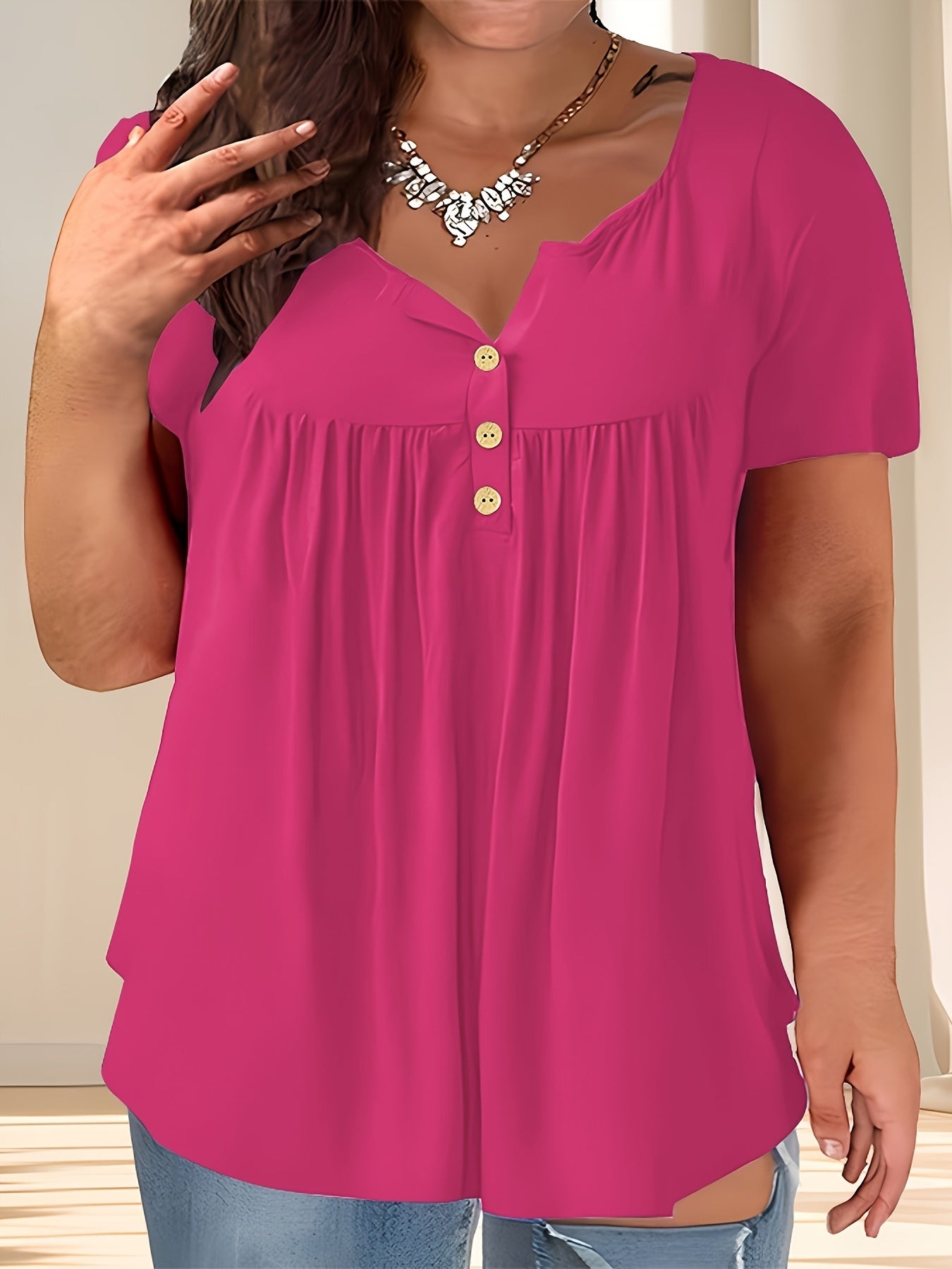 Plus Size Women's Navy Blue Casual Pleated T-Shirt with Crew Neck and Slight Stretch