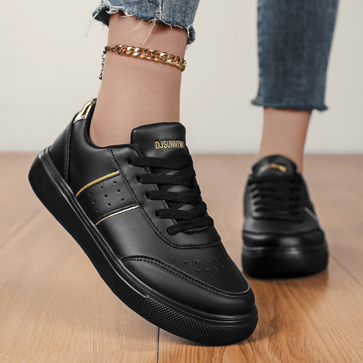 Women’s Casual Sneakers White with Gold Accents Comfortable Lace-Up Shoes