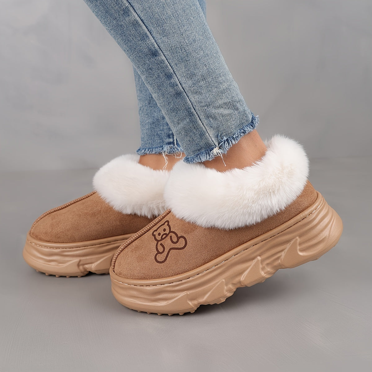 Couples Winter Slippers Plush Lined Thick Sole Snow Boots with Cartoon Design