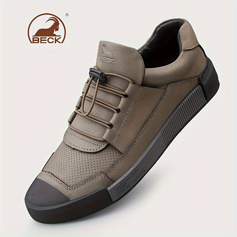 Men's Leather Sneakers with Striped Lace-Up Design, Rubber Sole, Breathable Fabric Inner