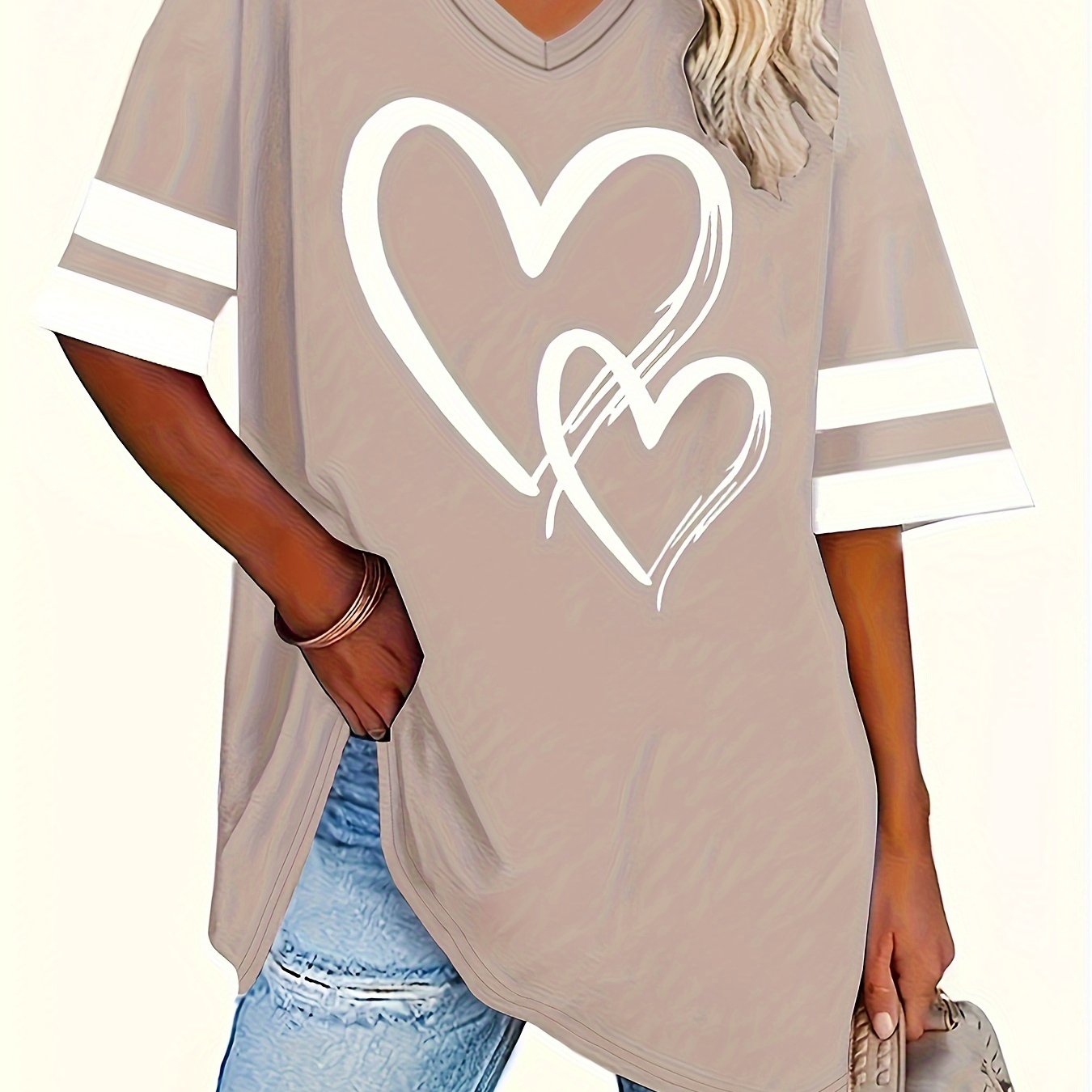 Plus Size Heart Print T-Shirt Casual Short Sleeve V Neck Top for Summer