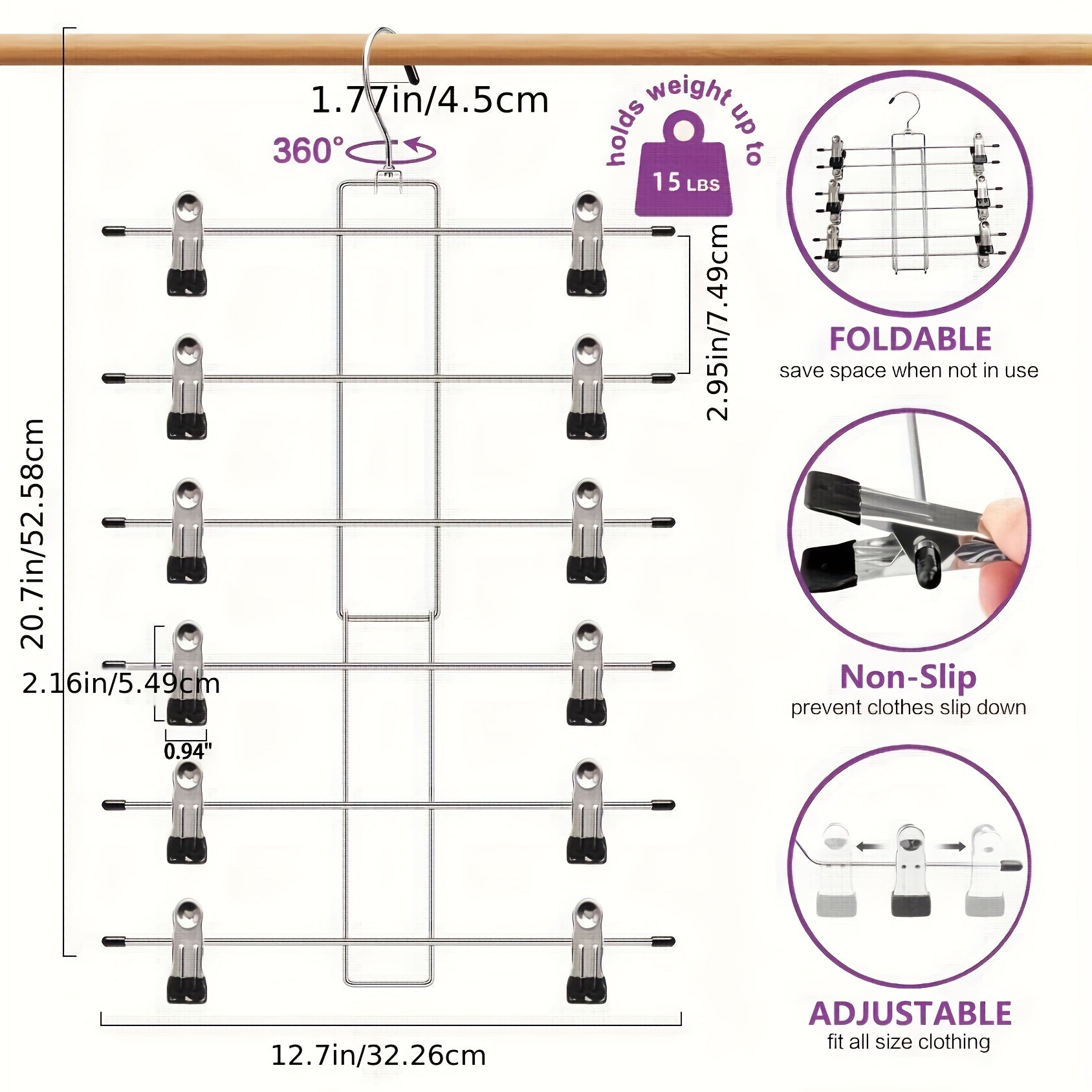 6-Tier Metal Clothes Hangers Set of 2 Non-Slip Durable Closet Organizer for Jeans Ties Scarves