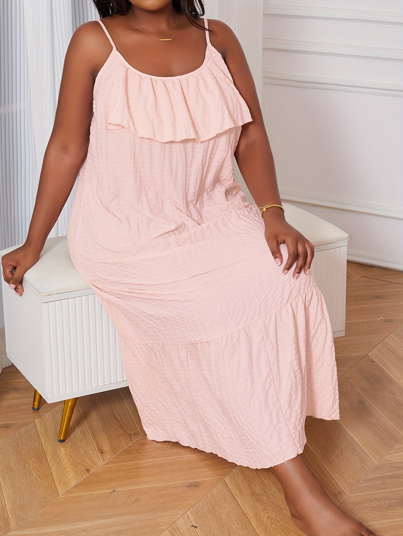 Women's Plus Size Sleep Dress Solid Ruffle Trim Cami Nightdress