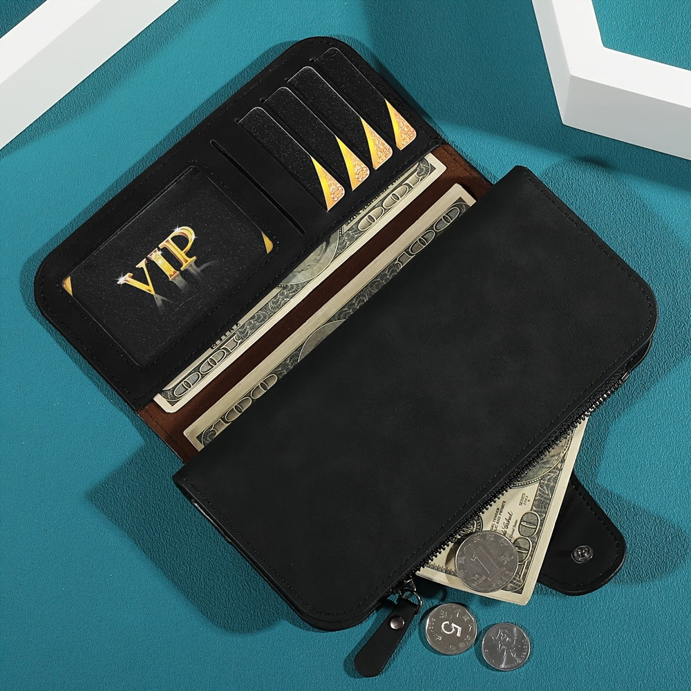 Yangi vintage uslubidagi ayollar uchun uzun hamyon, sun'iy charmdan tayyorlangan, tugmachali yopiq, zip cho'ntak, naylon astar, ko'p kartochka joylari va chet bo'yash tafsiloti bilan.