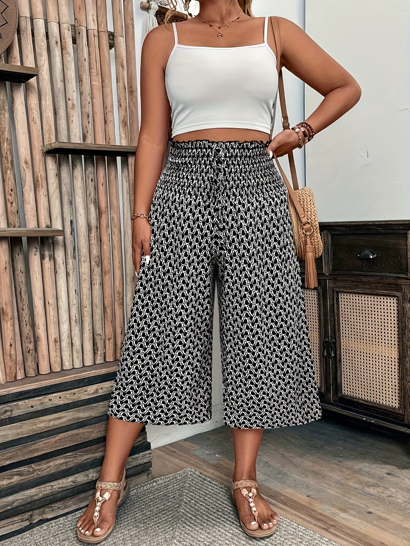 Women's Plus Size Mid-Length Smocked Print Pants with All-Season Comfort