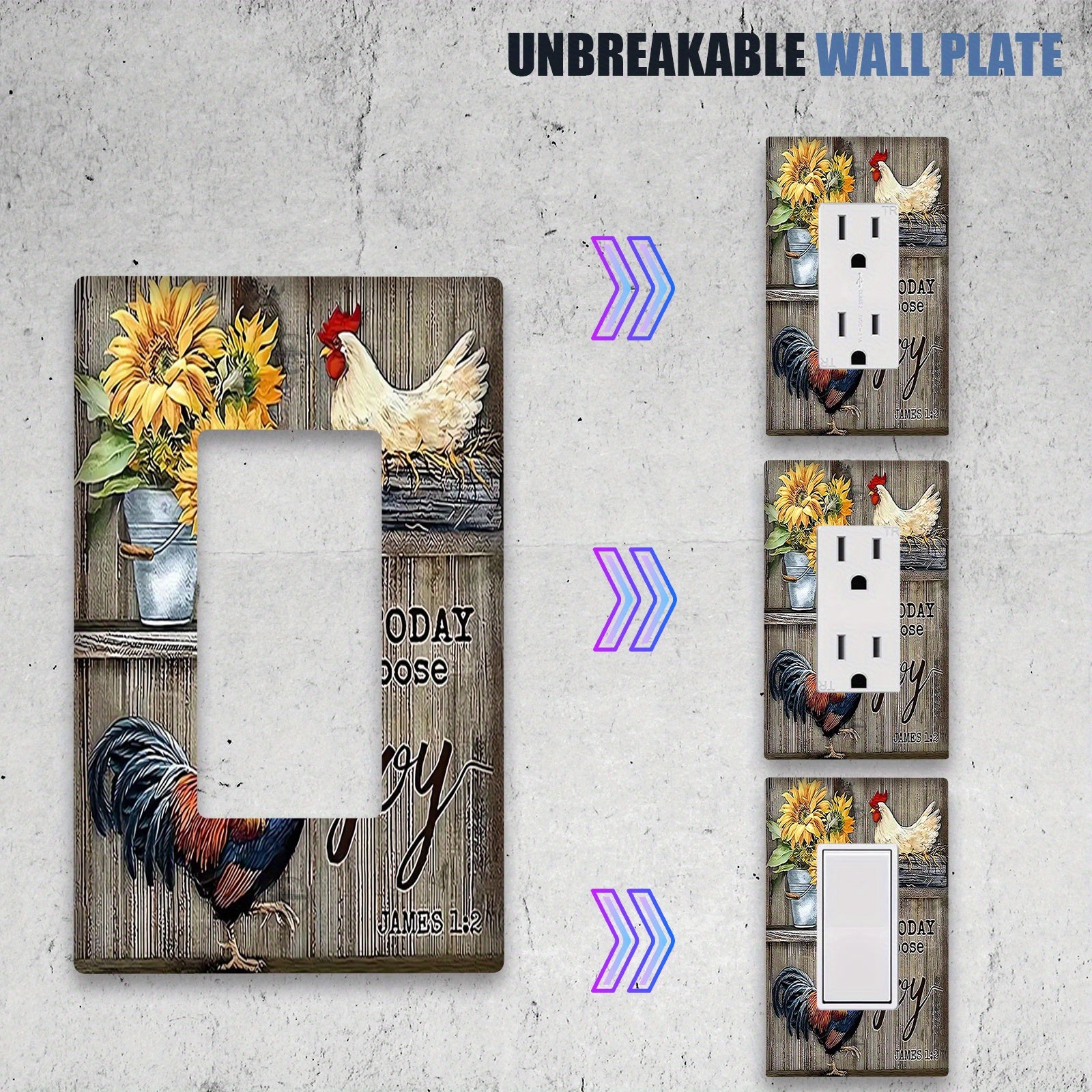 Rustic Rooster Light Switch Cover Decorative Wall Plate Easy Install Battery-Free for Home Kitchen Bedroom