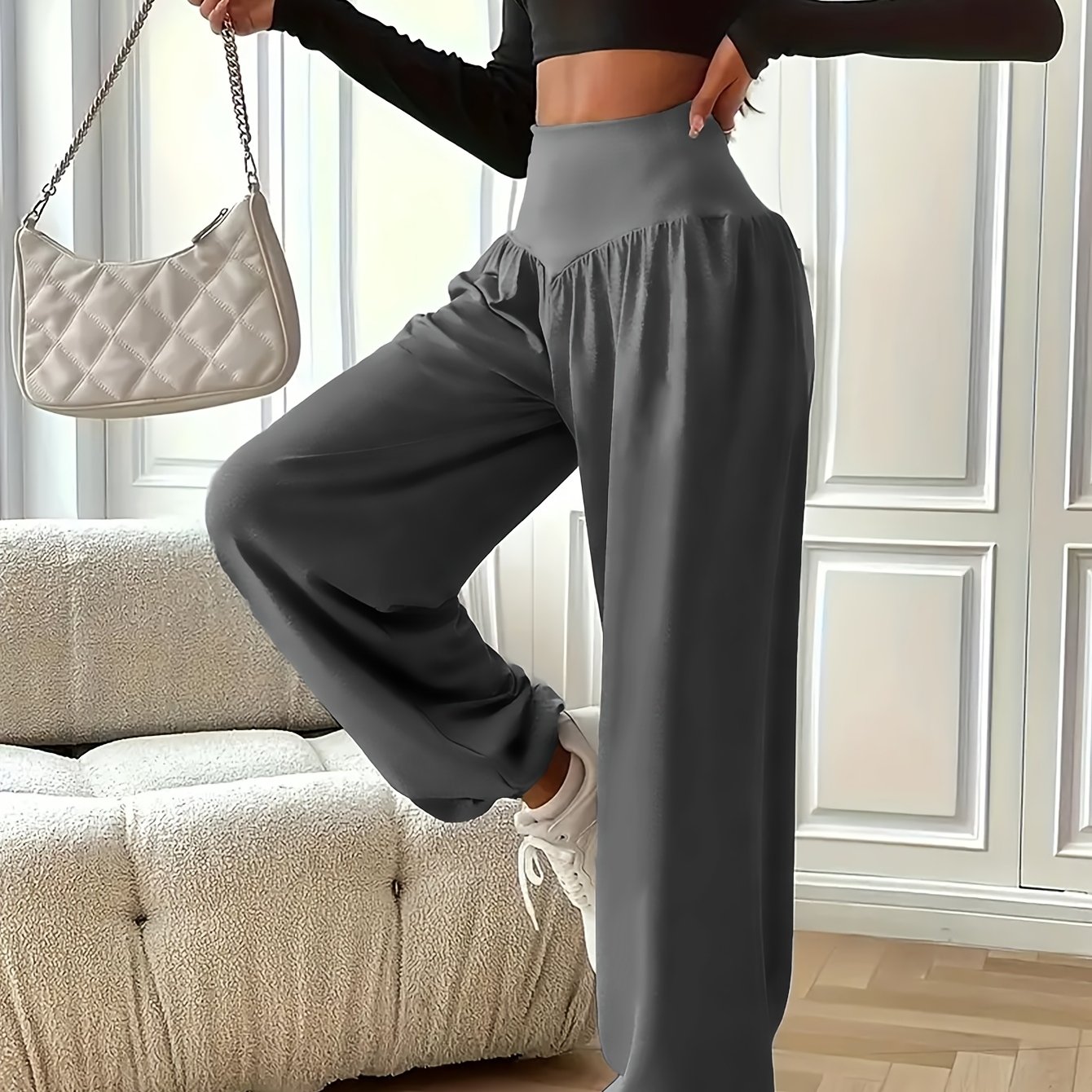 Women's High Waist Polyester Knit Sports Pants Quick-Dry Yoga Joggers for Adults