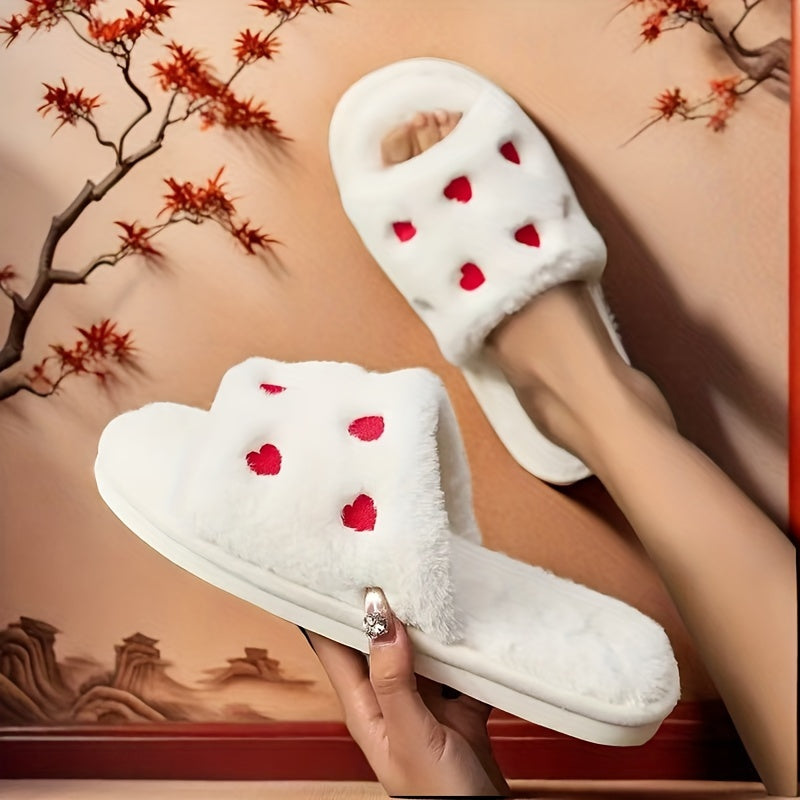 Heart-Shaped Plush Slippers for Women All-Season Non-Slip Soft Sole Bedroom Valentine's Day