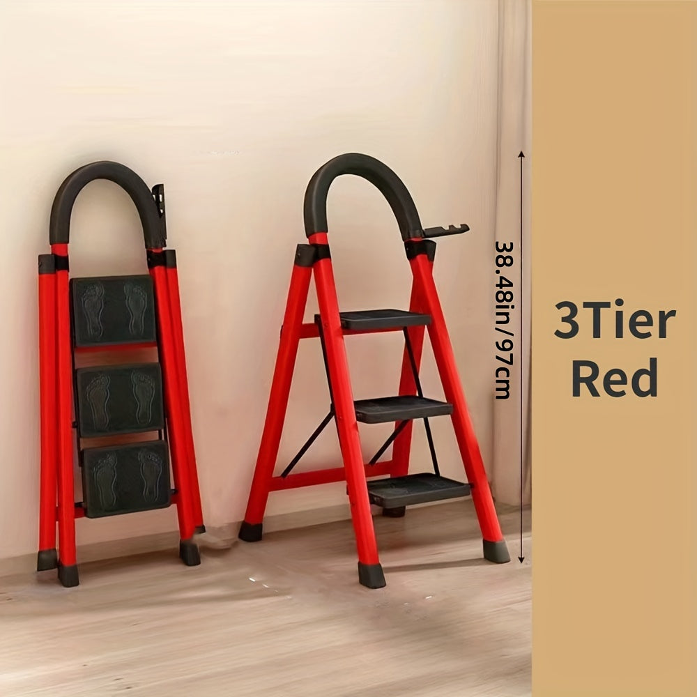 Folding Step Stool with 2-6 Tiers Non-Slip Pedals Waterproof Steel Red Home Kitchen Office