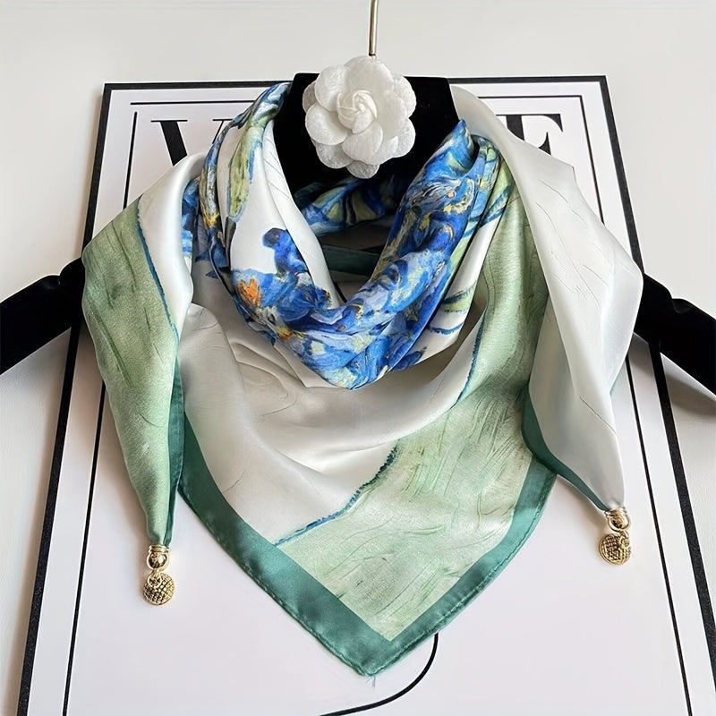 Silk Scarf for Women Spring Autumn Square Thin Neck Protection with Magnetic Buckle
