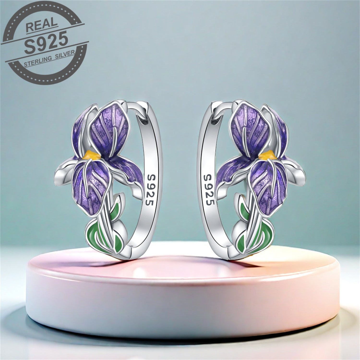 Silver Iris Flower Ear Cuff Synthetic Stone Preppy Festival Jewelry for Women