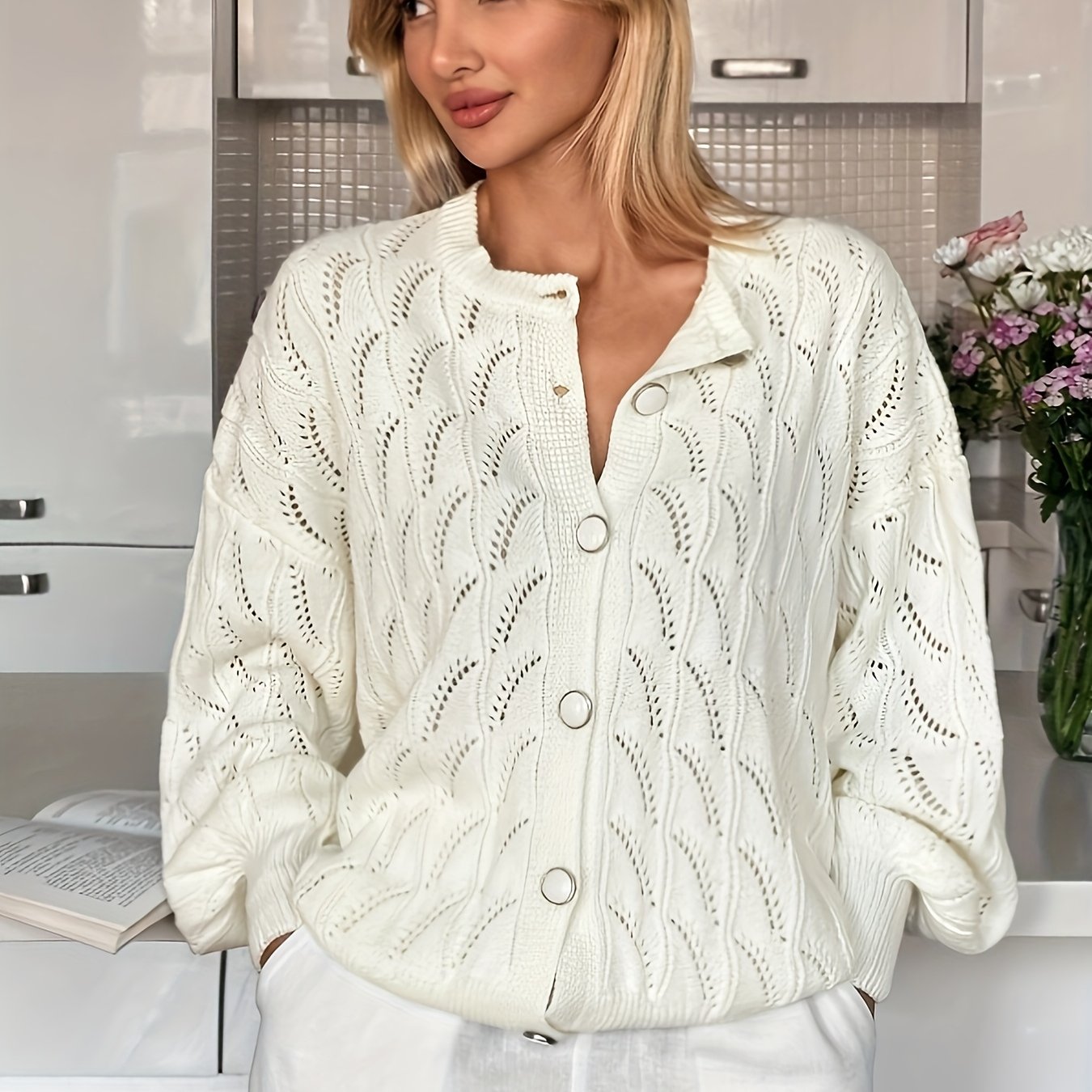 Women's Openwork Knit Cardigan Lightweight Fashion Black Small