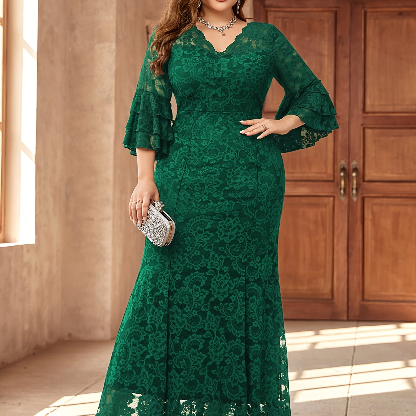 Plus Size Women’s Elegant V-Neck Long Evening Gown with Bell Sleeves