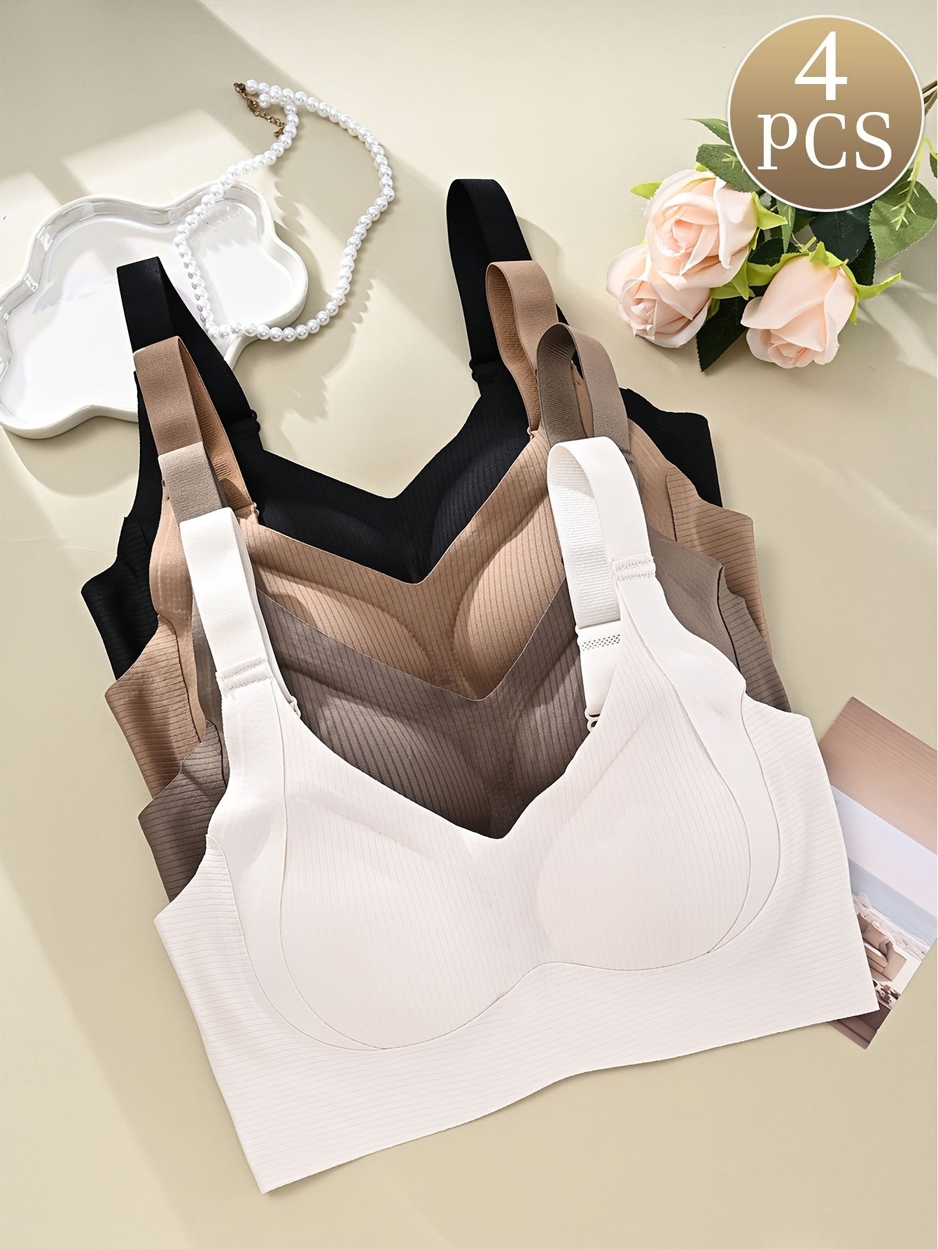 Women's Wire-Free Bras 4-Pack Seamless Soft Support Comfortable Black Beige White