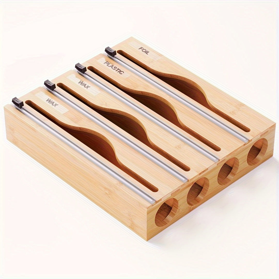 Bamboo Kitchen Wrap Organizer Food-Safe Storage Box with Manual Cutter