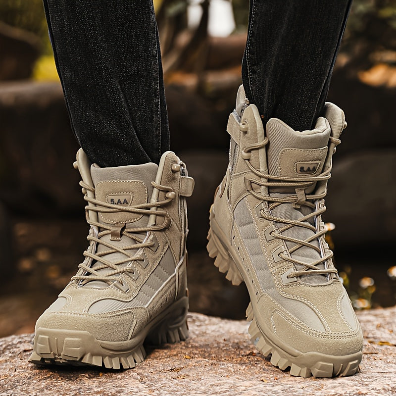 Men's Khaki Hiking Boots Non-Slip Sole Mesh Lining Zipper Outdoor Casual