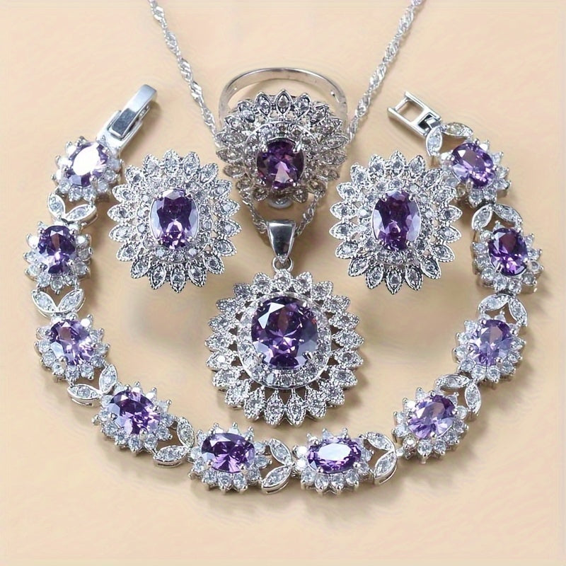Sunflower Jewelry Set for Women Silver Plated Cubic Zirconia Earrings Ring Necklace Bracelet Wedding Vacation