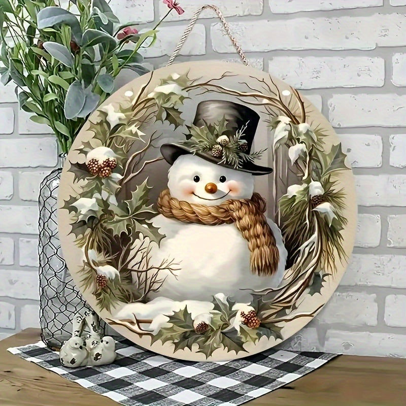 Snowman Wreath Wooden Sign with Top Hat and Scarf Christmas Winter Home Decor