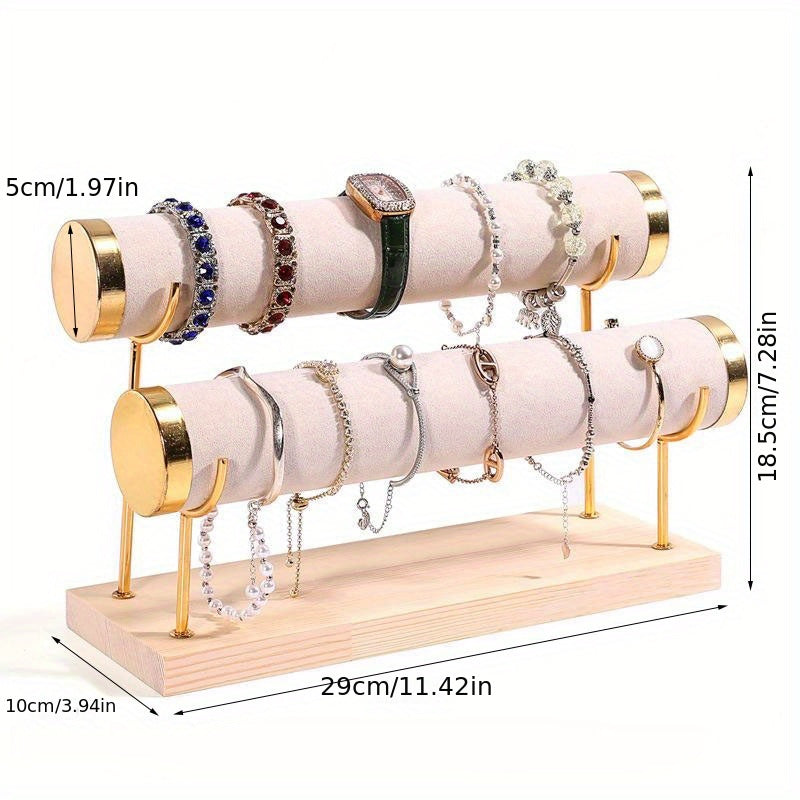 Стильная трехъярусная подставка для украшений в золотистом оттенке с деревянной основой для часов и аксессуаров