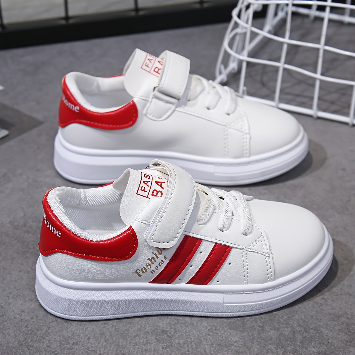 Kids' White Casual Sneakers for Boys and Girls with Red Stripes, PU Upper, PVC Sole