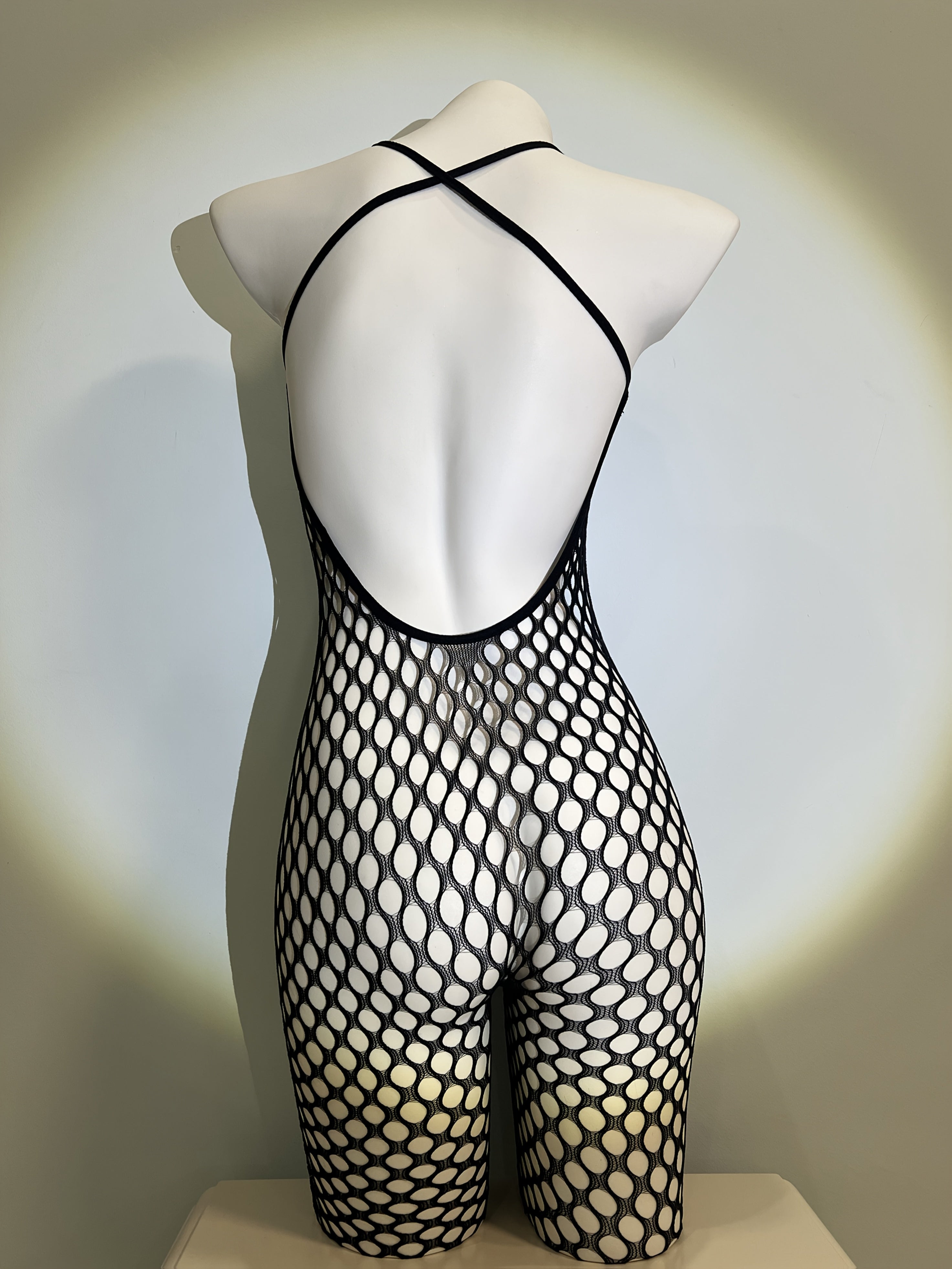 Backless Fishnet Bodysuit with Geometric Pattern Sexy Stretchy Hand Washable European Style