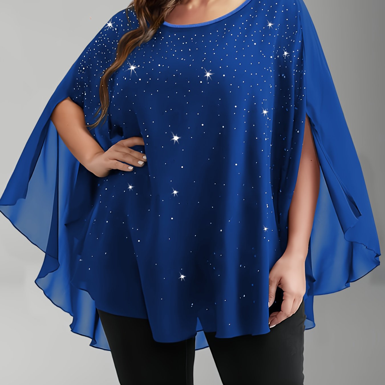 Plus Size Chiffon Blouse with Sequins and Ruffle Sleeves for Women