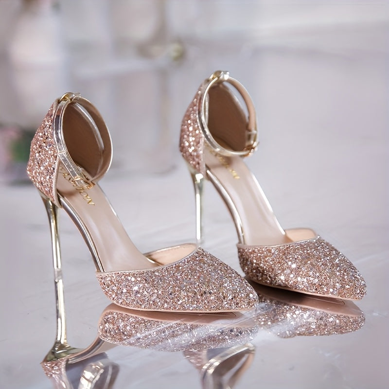 Women Silver Sequin Pointed Toe Stiletto Heels Elegant Party Wedding Shoes