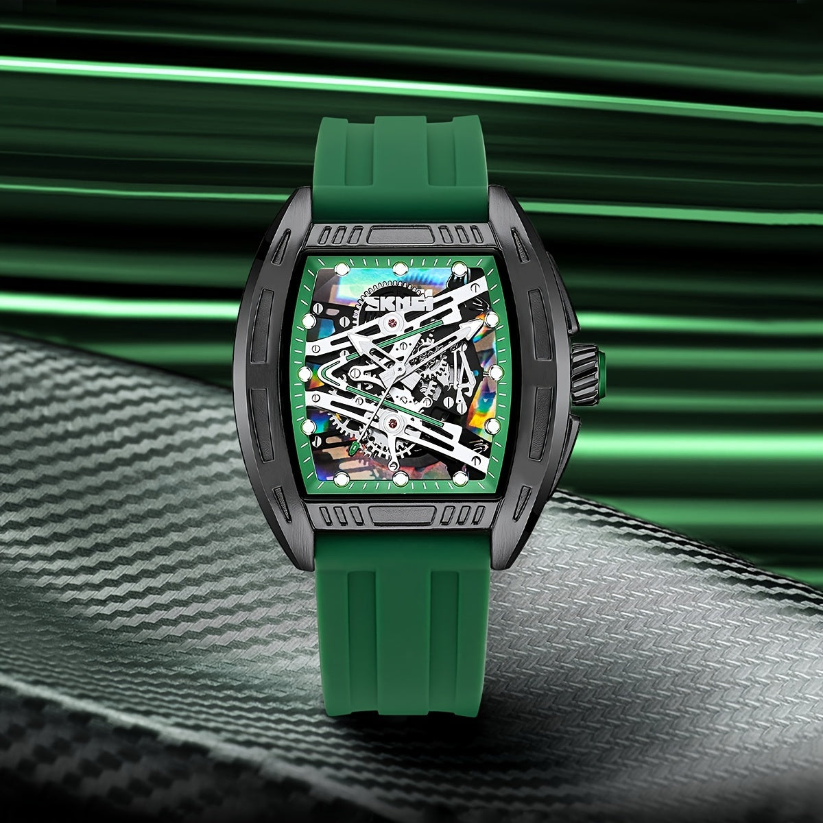 Reloj de cuarzo para hombre con esfera hueca, caja en forma de barril, resistente al agua, correa de silicona y luz nocturna