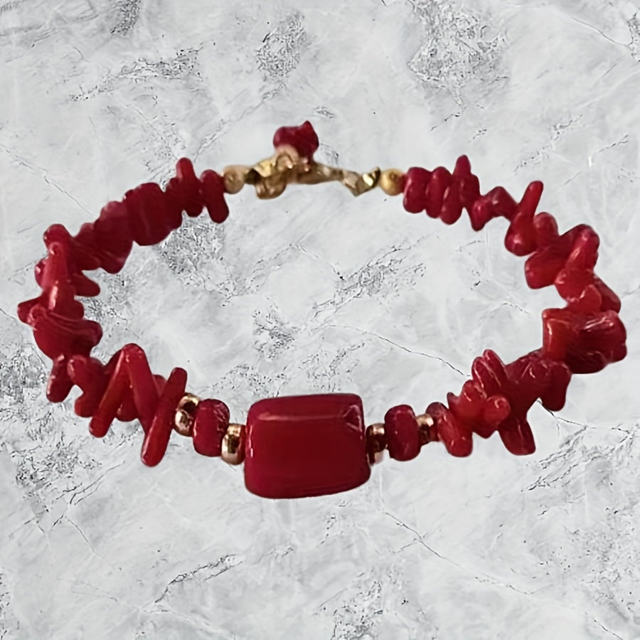 Women's Red Coral Boho Bracelet with December Birthstone and Toggle Clasp
