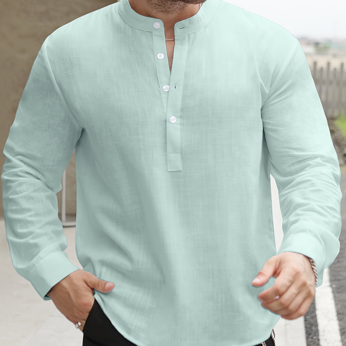 Men's Mint Green Bamboo Cotton Henley Shirt Long Sleeve Casual Summer Relaxed Fit