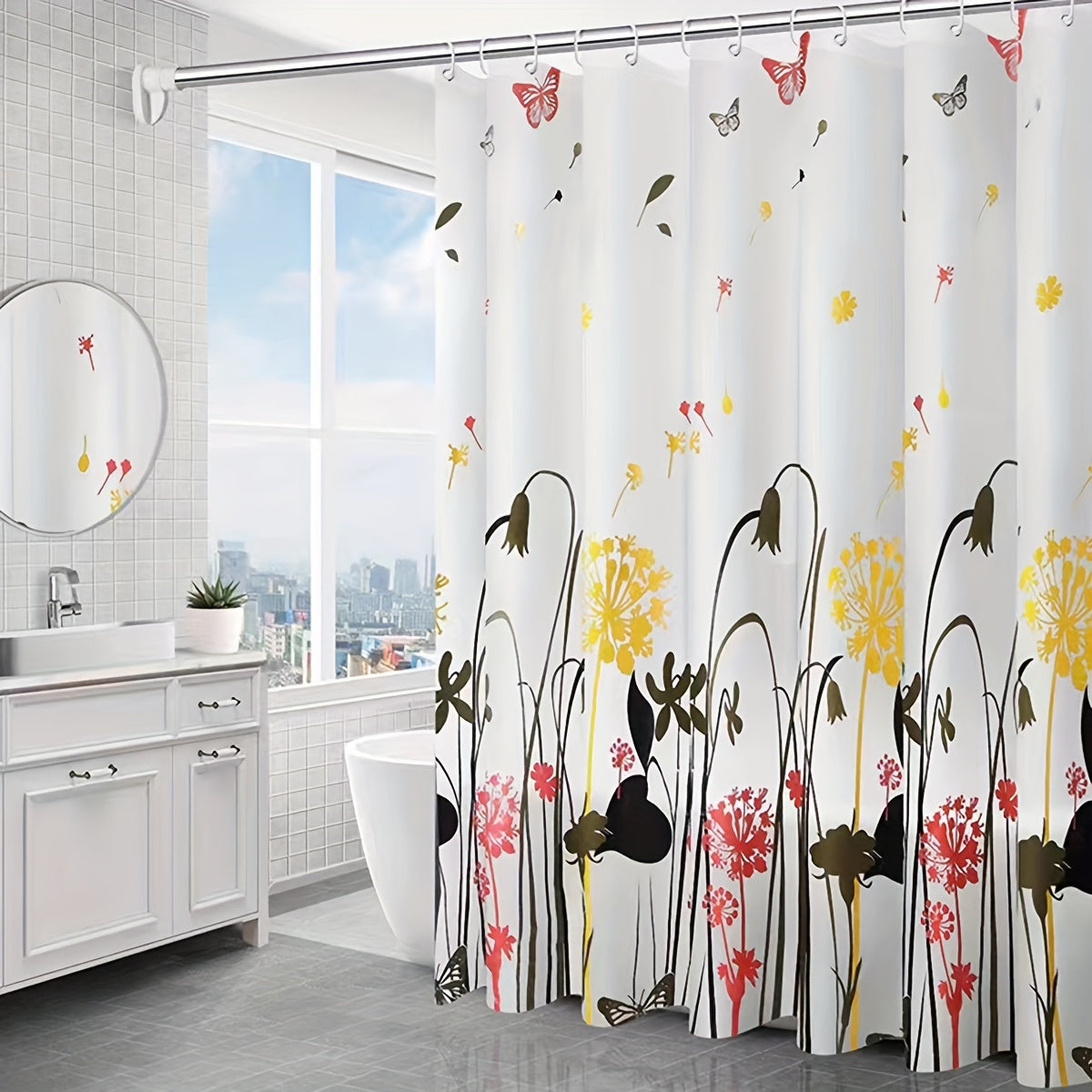 Dandelion Pattern Waterproof PEVA Shower Curtain with Anti-Rust Buttonholes for Bathroom