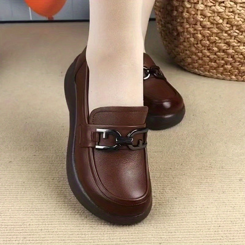Women's Brown PU Loafers with Metallic Buckle Slip-Resistant Cushioned Sole